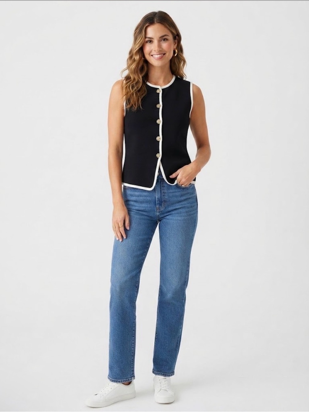 Sleeveless Black Knit Vest with Contrast Trim